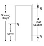 basic labeled diagram of door opening height, strike, and hinge spacing