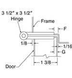 top down diagram of 3-1/2-inch hinge, strike, and frame for 1-3/8-inch doors