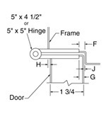 top down diagram of 5-inch hinge, strike, and frame for 1-3/4-inch doors