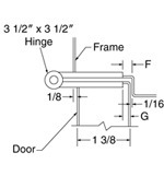 top down diagram of 3-1/2-inch hinge, strike, and frame for 1-3/8-inch doors