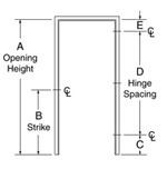 basic labeled diagram of door opening height, strike, and hinge spacing