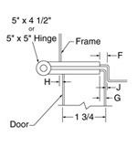 top down diagram of 5-inch hinge, strike, and frame for 1-3/4-inch doors