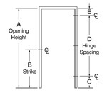 basic labeled diagram of door opening height, strike, and hinge spacing