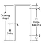 basic labeled diagram of door opening height, strike, and hinge spacing