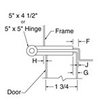 top down diagram of 5-inch hinge, strike, and frame for 1-3/4-inch doors