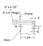 top down diagram of 5-inch hinge, strike, and frame for 1-3/4-inch doors