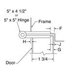 top down diagram of 5-inch hinge, strike, and frame for 1-3/4-inch doors