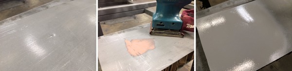 triptych showing dented door, door being bonded and repaired, and freshly painted repaired door